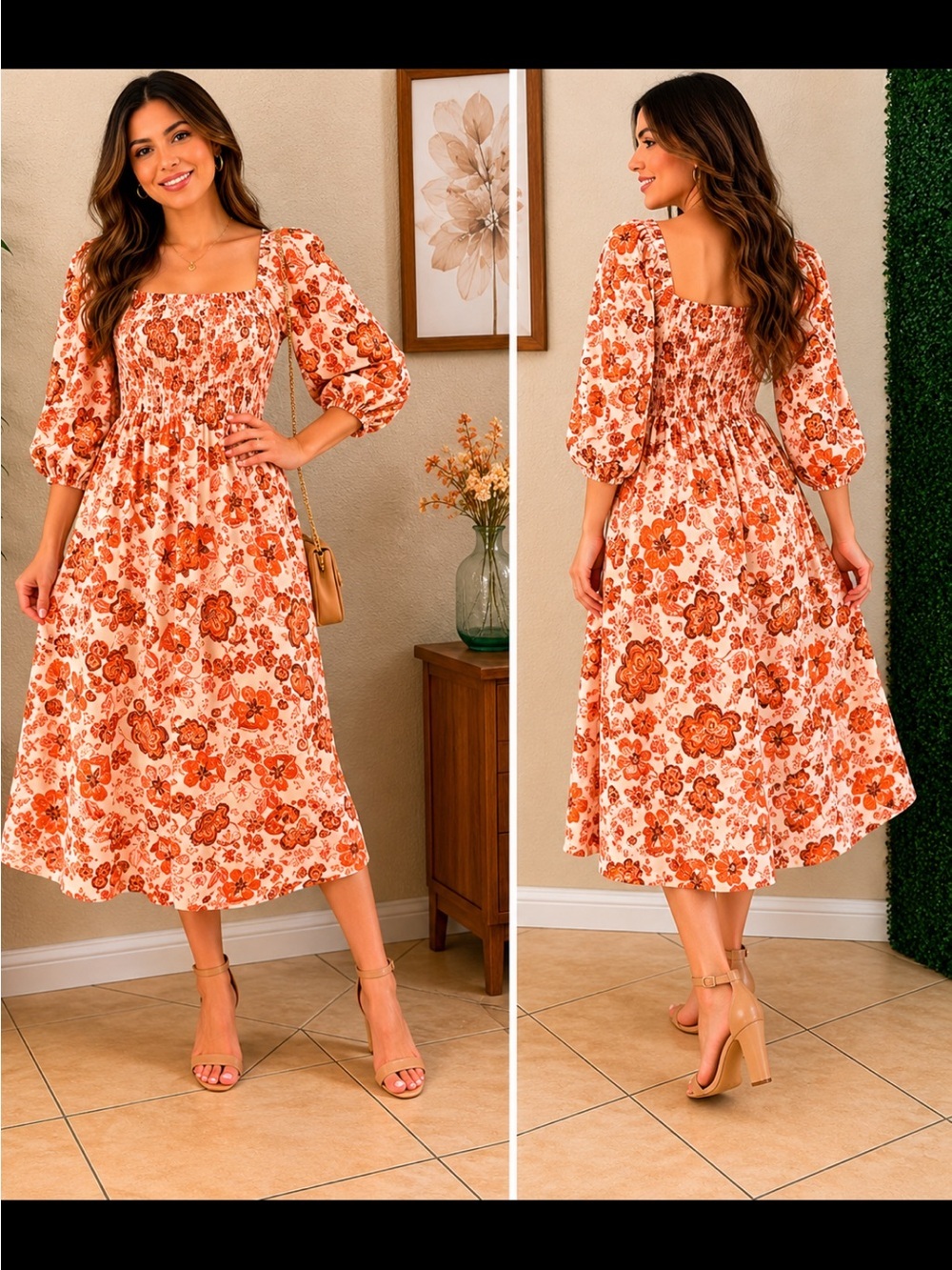 Sienna Sky Orange and Cream Floral Midi Dress # 88